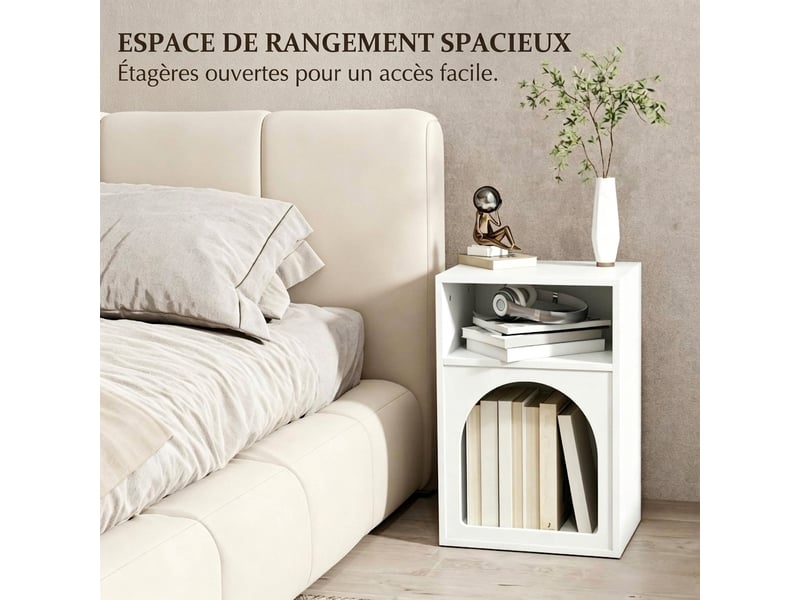 Lot de 2 tables de chevet blanches avec compartiments ouverts, design arrondi en mdf, 40x30x60 cm  - Conforama D