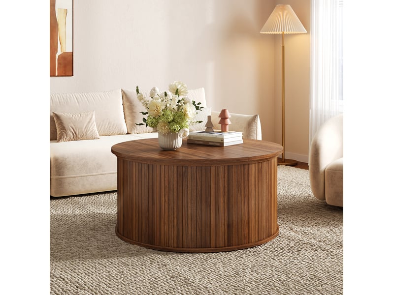  Table basse relevable ronde 88x88x53,5 cm avec rangement coloris noyer  - Conforama D