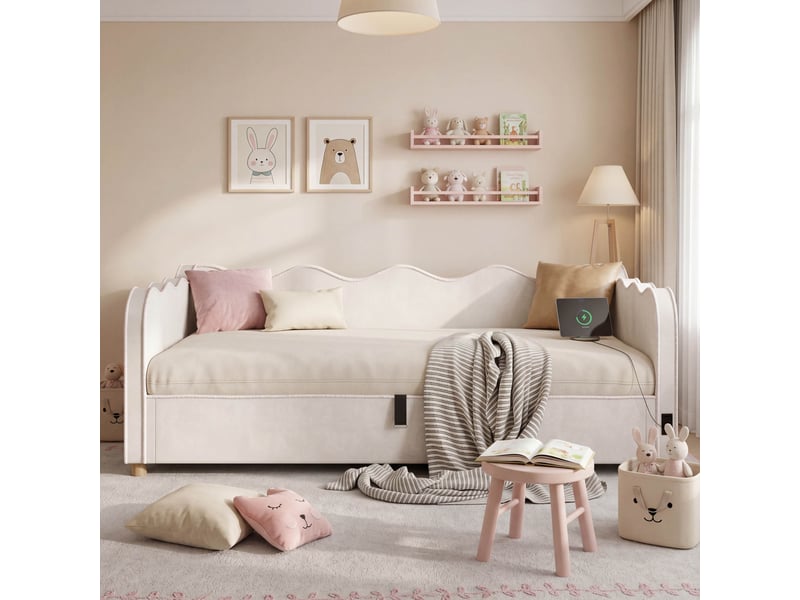Canapé-lit coffre 90x200 cm avec rangement hydraulique, prises usbtype-c, sommier à lattes et bords rembourrés, velours beige - Conforama D