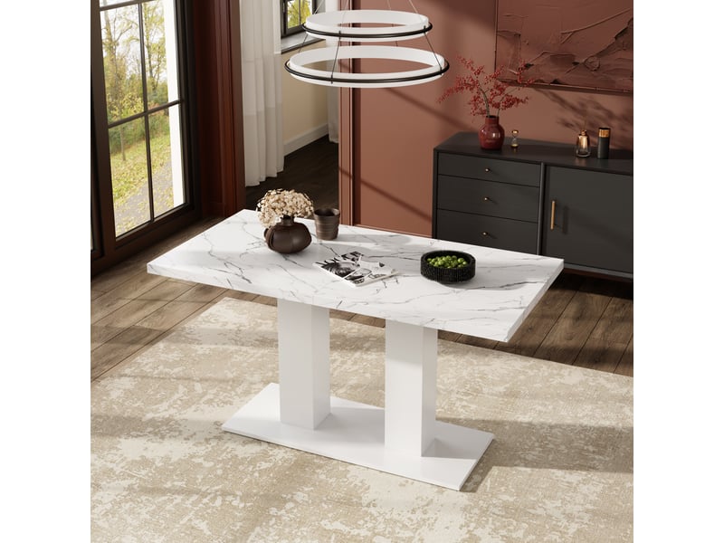  Table de salle à manger extensible 4 à 8 places avec plateau épaissi - pieds double colonne, mdf blanc  - Conforama B
