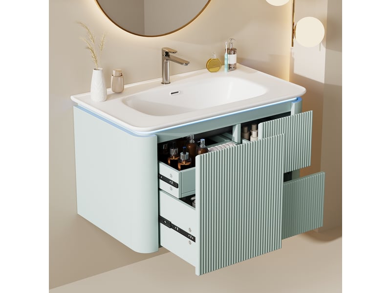 Meuble sous vasque avec 4 tiroirs, lavabo intégré et led à détecteur pour salle de bain 80,5×47,5×51 cm vert - Conforama C