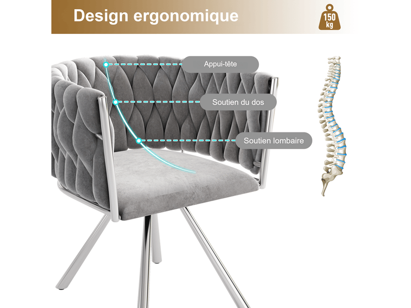  Chaise de salle à manger pivotante 360° en velours gris et métal argenté, lot de 4, dossier enveloppant  - Conforama E