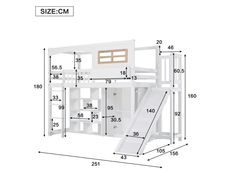  Lit mezzanine 90x200 cm avec barrière de sécurité, toboggan, armoire et rangement, en bois, blanc  - Conforama C