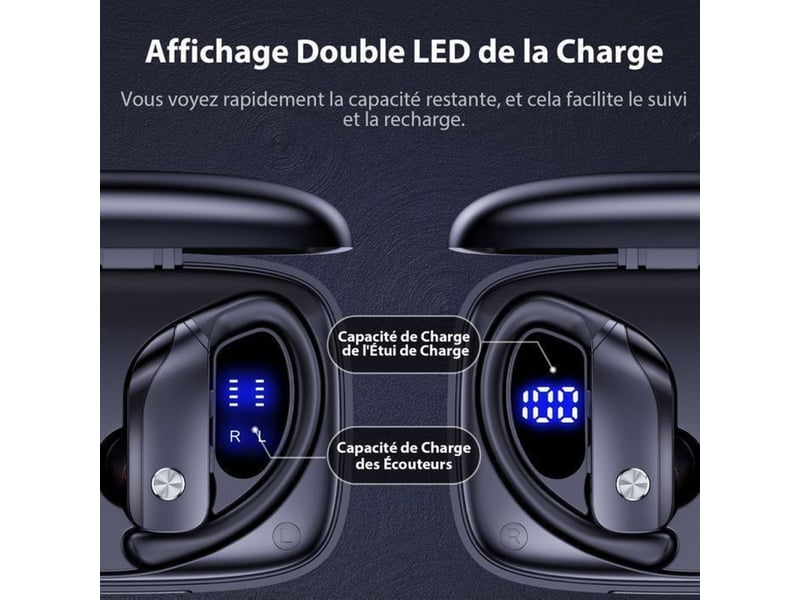  Ecouteurs bluetooth sport ipx7 noirs son stereo micro led 48h type-c  - Conforama B