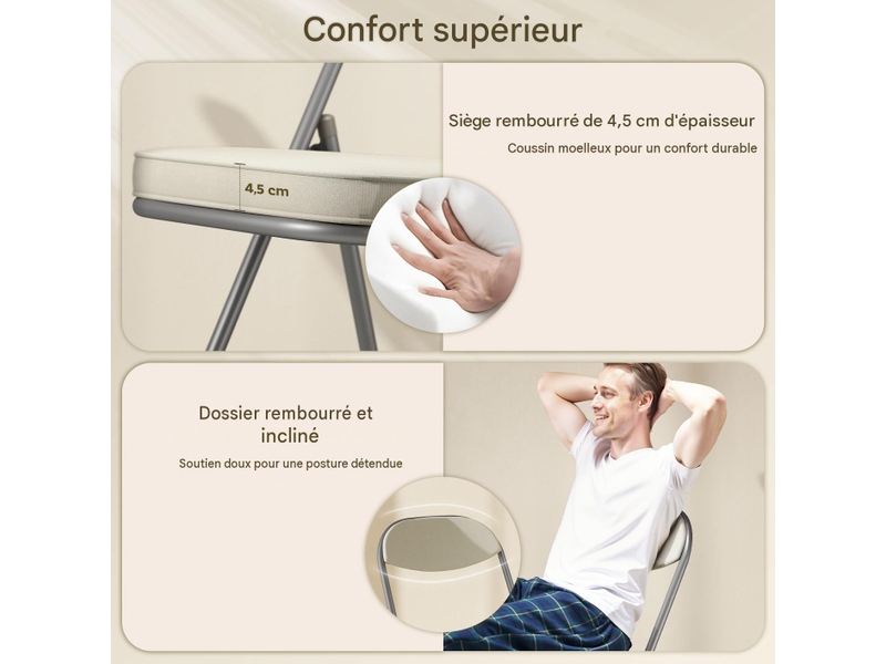  Lot de 4 chaises pliantes rembourrées velours côtelé et métal blanc crème  - Conforama D