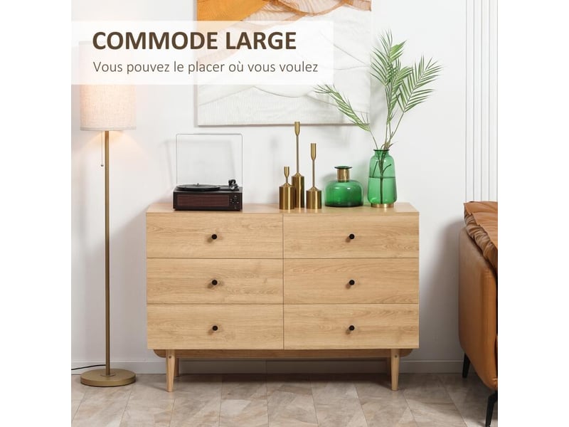  Commode 6 tiroirs meuble de rangement pieds en bois massif 120 x 40 x 80 cm couleur bois  - Conforama D