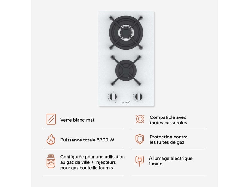 Beldeko plaque de cuisson gaz 2 foyers 5200 w - verre blanc - brûleur double couronne - grilles en fonte - marque française - Conforama D