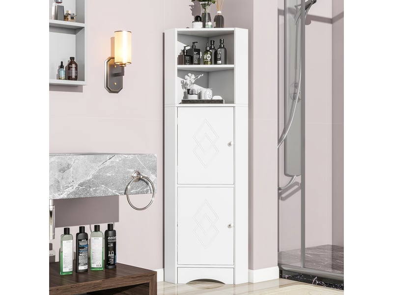  Meuble de salle de bain d'angle avec 2 compartiments, niche ouverte et étagère réglable, 36,5 x 36,5 x 155 cm, blanc  - Conforama C