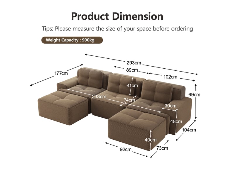 Canapé modulaire en u sans montage, style cloud, ottoman inclus, tissu corduroy, marron - Conforama C