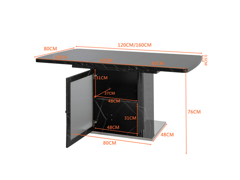 Table à manger extensible 120-160 x 80 cm avec meuble de rangement intégré, plateau mdf effet marbre noir, porte vitrée et base métal - Conforama E