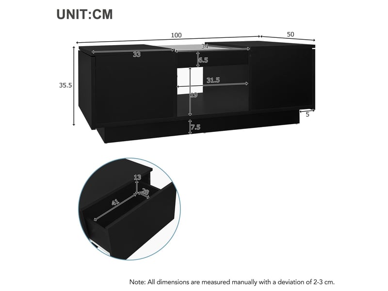  Table basse 100x50x35,5 cm - sogeu - avec panneau en verre- table basse bois -éclairage led, app control, noir - table basse ronde  - Conforama C