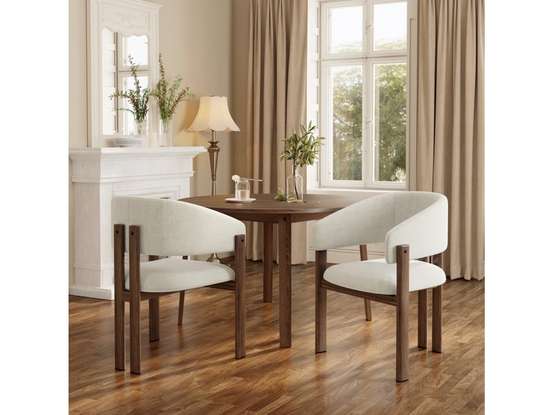  Chaise de salle à manger lot de 4 avec accoudoirs ergonomiques, tissu en lin et métal effet noyer beige  - Conforama B