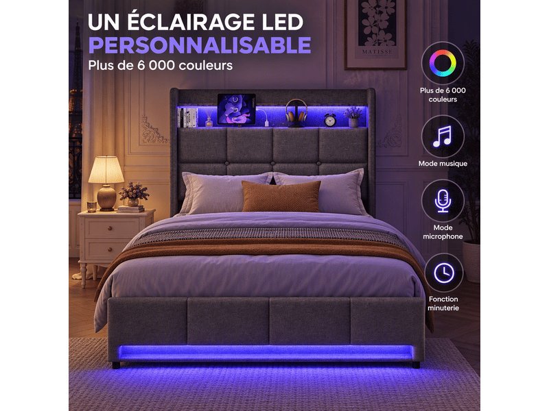  Lit simple 90x200cm avec led et usb, lit capitonné avec 2 tiroirs, tête de lit avec espace de rangement et sommier à lattes, 1 place, gris, tissu en lin  - Conforama D