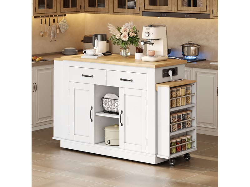  Îlot de cuisine 142x55x93 cm avec deux plans de travail extensibles, sur roulettes, mdf, blanc  - Conforama D