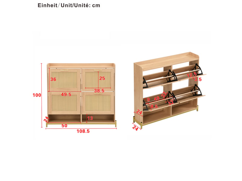  Meuble à chaussures 108,5x24x100 cm, 4 portes effet rotin, cadre métal et plateau supérieur, pour entrée et couloir - chêne clair  - Conforama C