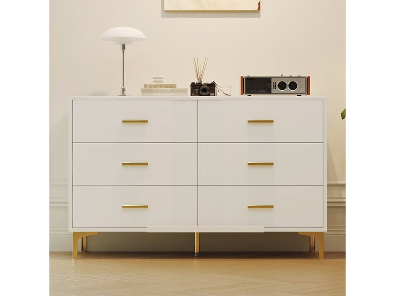  Commode 6 tiroirs 120 x 40 x 76 cm, surface rainurée élégante, pieds surélevés anti-humidité, mdf, blanc  - Conforama D