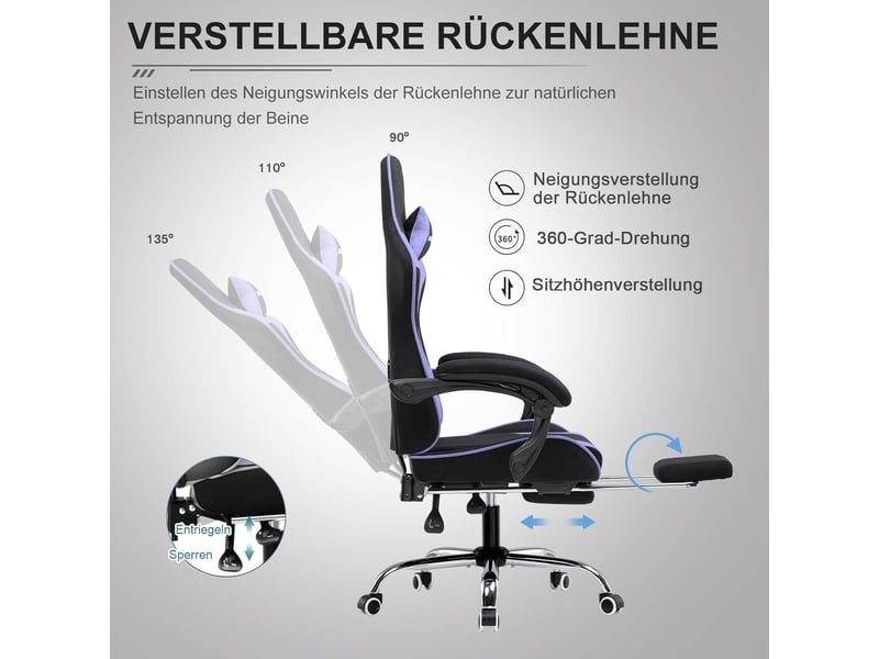 Gtplayer chaise de jeu ergonomique avec repose-pieds, réglable en hauteur - tissu violet GT800A-PP-FA - Conforama E