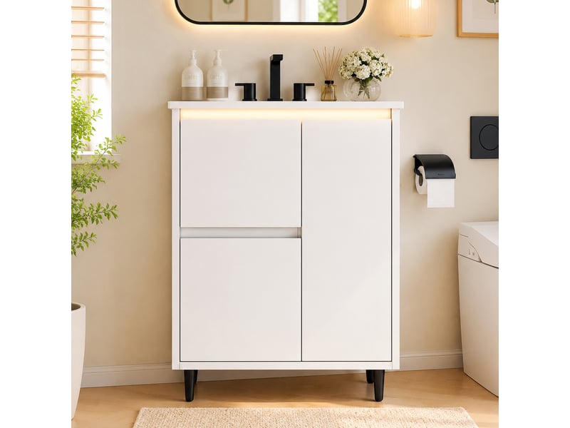  Meuble sous vasque avec 1 porte, 2 tiroirs et vasque en céramique, pieds hauts, salle de bain, 61×46,5×87 cm  - Conforama C