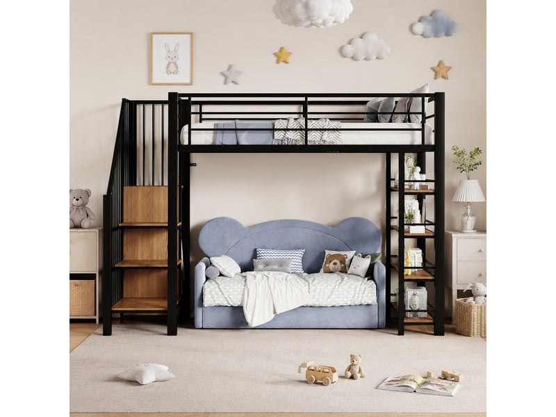 Lit mezzanine 90x200 cm avec escalier, penderie et étagères noir - Conforama B