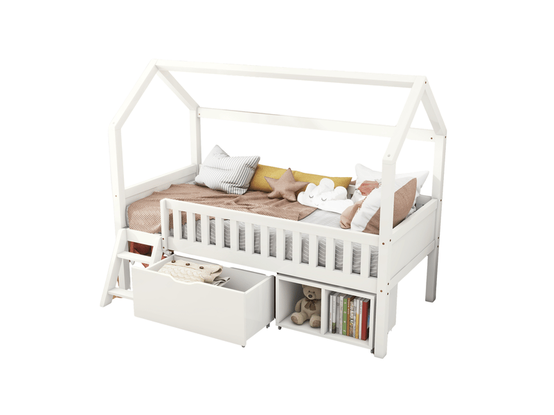  Lit cabane enfant 90x200 cm avec tiroirs et rangements - bois massif blanc barrière de sécurité  - Conforama A