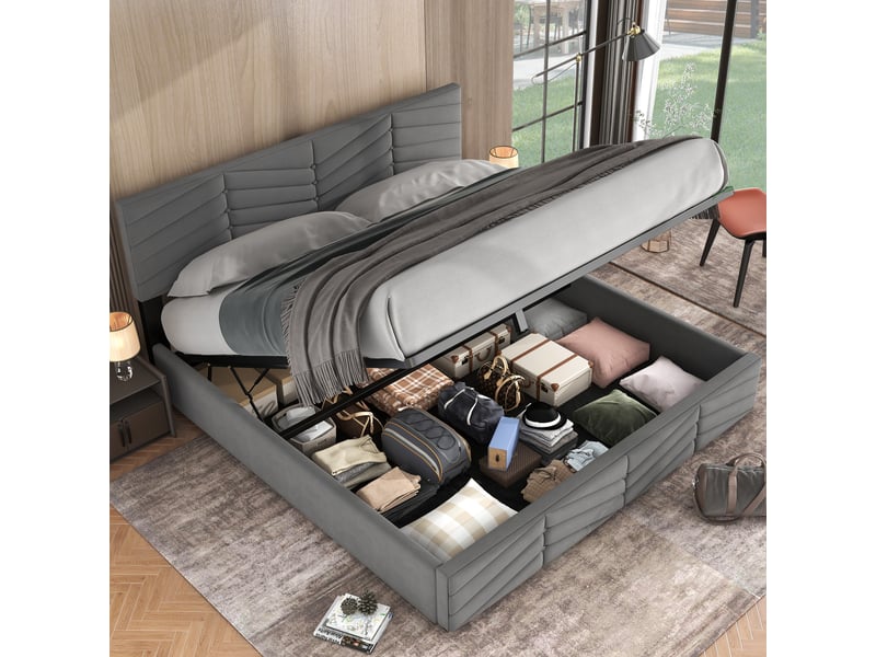  Lit coffre 160x200 - lit double rembourré avec sommier à lattes - velours - sans matelas - gris  - Conforama B