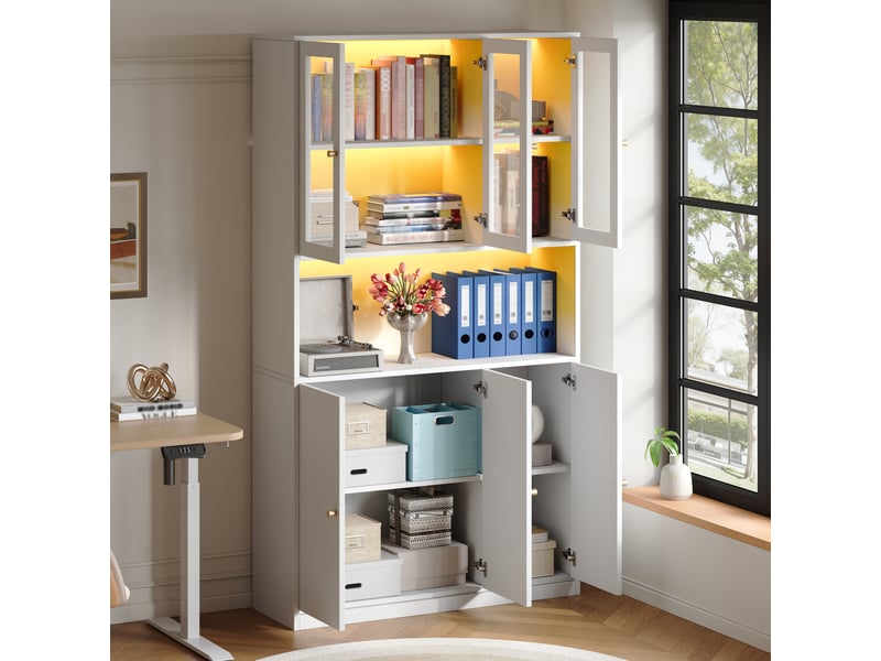  Bibliothèque blanche avec portes en verre et vitrine avec éclairage led, armoire de bureau pour classeurs, 100x35x200 cm.  - Conforama B