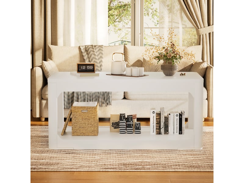  Table basse de salon avec double plateau de rangement - lpospi - bords arrondis, panneaux mdf - blanc  - Conforama C