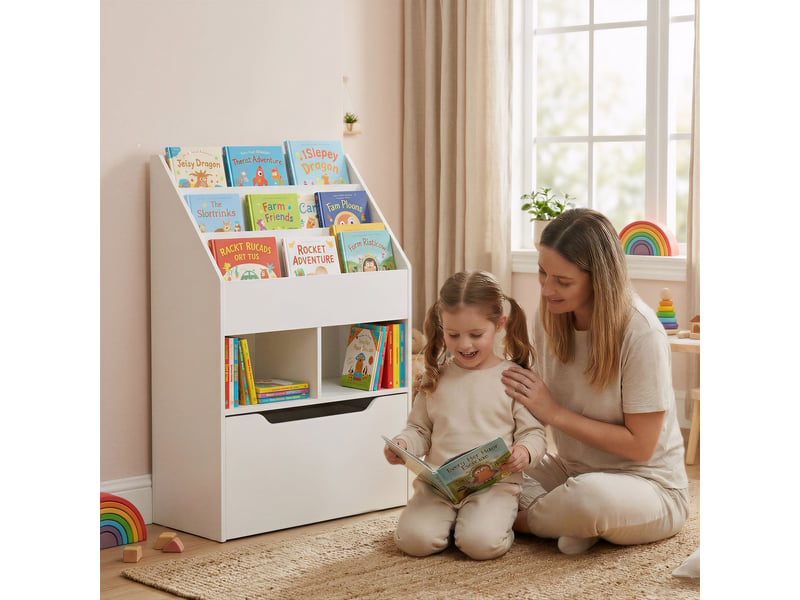  Bibliothèque enfant en bois avec 3 compartiments, 2 cubes et tiroir mobile à 4 roulettes, 60 x 29,9 x 90 cm, blanche  - Conforama B