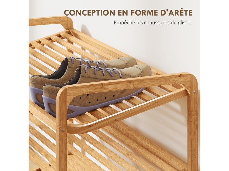  Étagère à chaussures en bambou à 3 niveaux, porte-chaussures capacité 12 paires, bois naturel, 76x33x50,8cm  - Conforama R