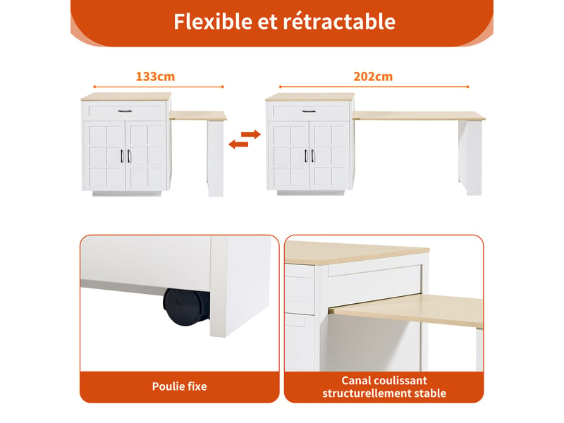  Table de bar extensible 133-202 x 70 x 93.5 cm avec 2 tiroirs, 2 portes et 2 étagères pour 2 à 6 personnes - blanc  - Conforama E