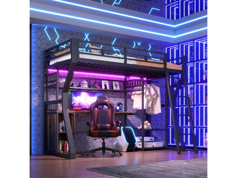 Lit mezzanine avec bureau 90 x 200 cm cadre en fer éclairage led prise électrique espace de suspension des vêtements compartiments de rangement étagères de rangement espace ouvert sous le lit - Conforama A
