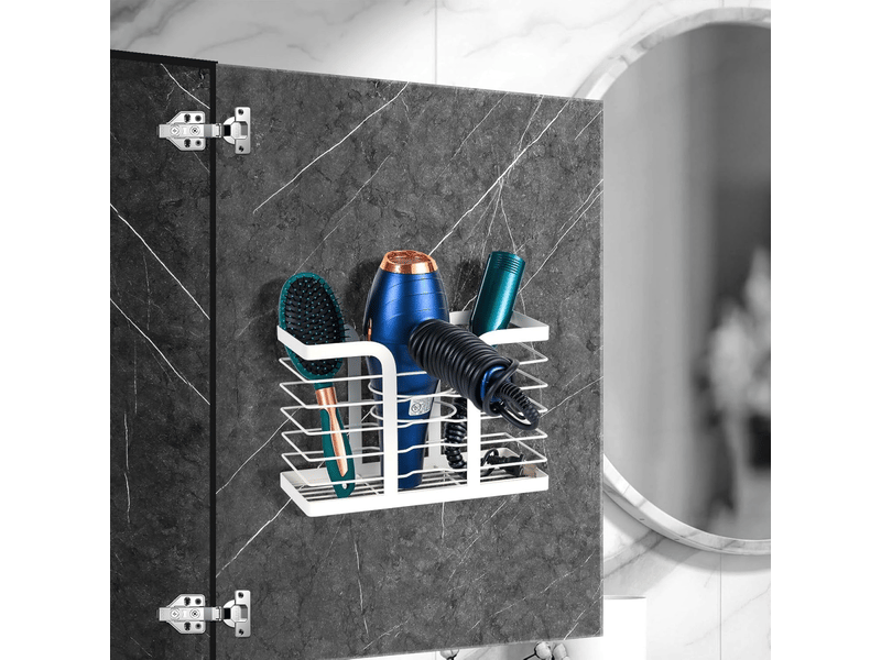  Porte seche cheveux mural sans percage - support seche cheveux et lisseur salle de bain pour accessoires chauds, brosse, produits,blanc  - Conforama D