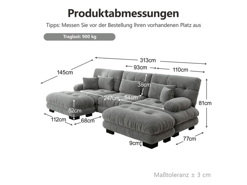  Canapé d'angle modulaire de luxe,3 places,convertible avec assise profonde et pouf, velours ,313x 145x 81 cm, gris  - Conforama C