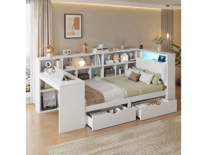  Lit 1 place 90x200 cm en l avec bureau, bibliothèque, tiroirs et éclairage led blanc  - Conforama B
