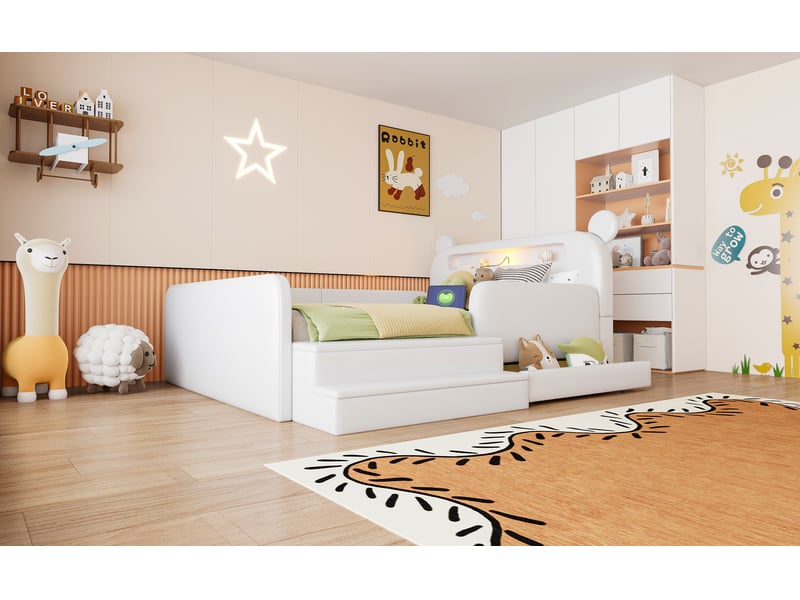 Lit enfant rembourré 140 x 200 cm avec tête de lit ours, veilleuse, port usb, rangement intégré et assise à marche, revêtement simili cuir blanc, pour aménagement intérieur moderne OPULERANE TRADING LTD - Conforama A