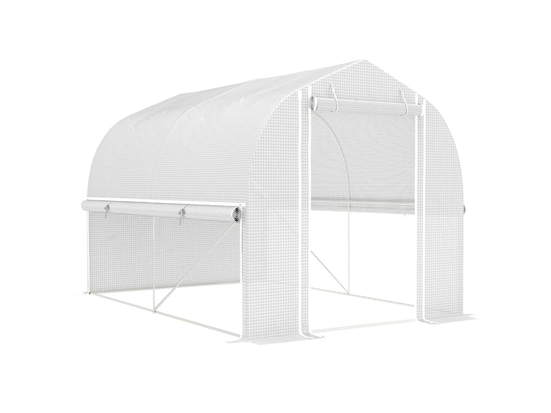  Serre tunnel de jardin 300x200x200 cm – blanche – 4 fenêtres, porte enroulable et bâche anti-uv  - Conforama A