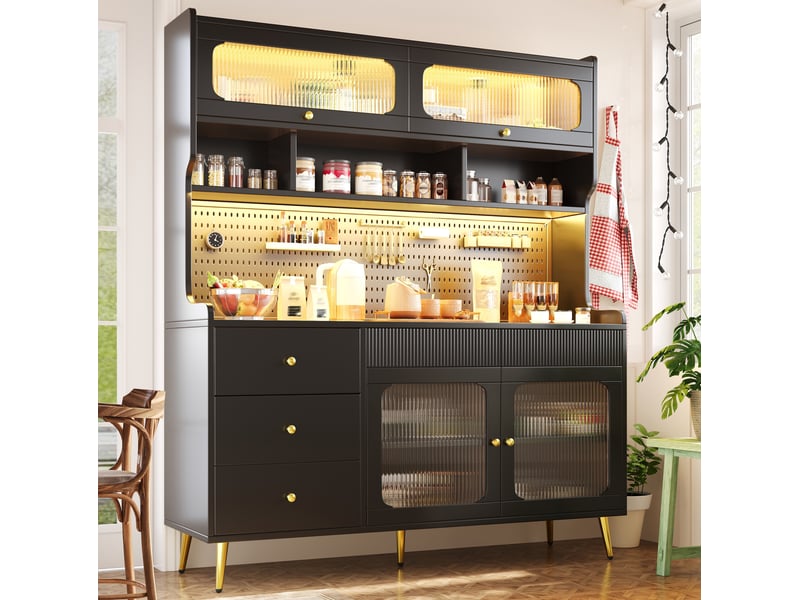 Buffet haut led avec porte relevable, tiroir et étagères en verre pour cuisine et salon, noir, 145 × 39 × 171 cm - Conforama B