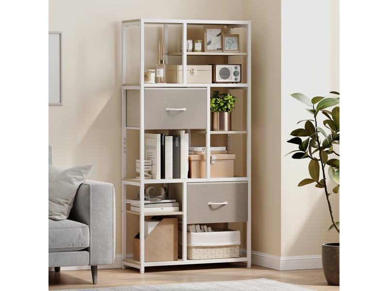 Étagère de rangement 6 niveaux, bibliothèque avec 2 tiroirs en tissu, 9 étagères ouvertes, 72,5 x 30 x 150 cm, blanc - Conforama D