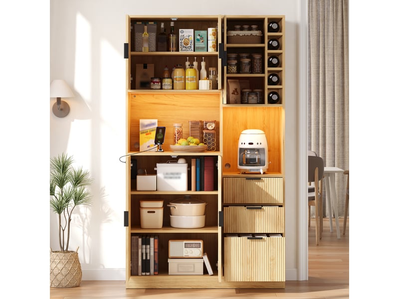 Armoire de cuisine meuble bar 105x40x180 cm - led et prises - 3 tiroirs - range-bouteilles - mdf - bois naturel - Conforama B