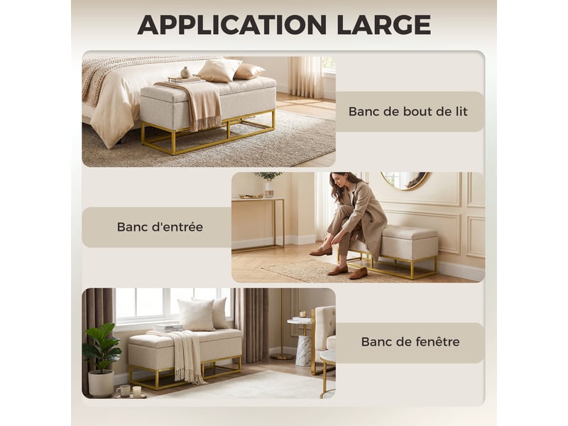  Banc banquette coffre de rangement 2 en 1 assise capitonnée et pieds acier beige et doré 110 x 44 x 48 cm  - Conforama W