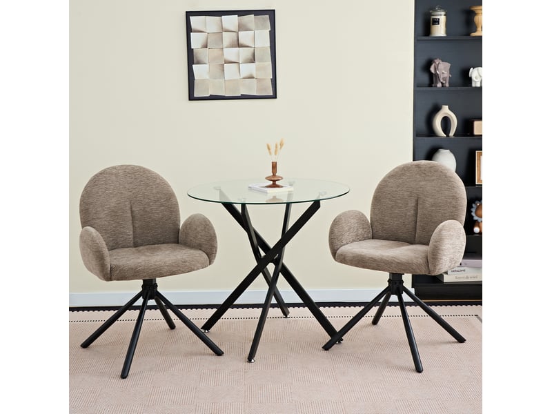  Lot de 2 chaises de salle à manger pivotantes avec accoudoirs en chenille taupe et pieds en métal noir  - Conforama D