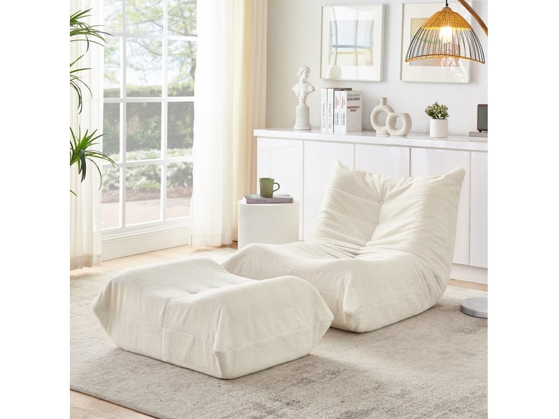  Fauteuil relax au sol beige en tissu bouclette avec repose-pieds, 90 x 100 x 70 cm pour lire et se détendre  - Conforama B