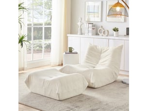 Fauteuil relax au sol beige en tissu bouclette avec repose-pieds, 90 x 100 x 70 cm pour lire et se détendre