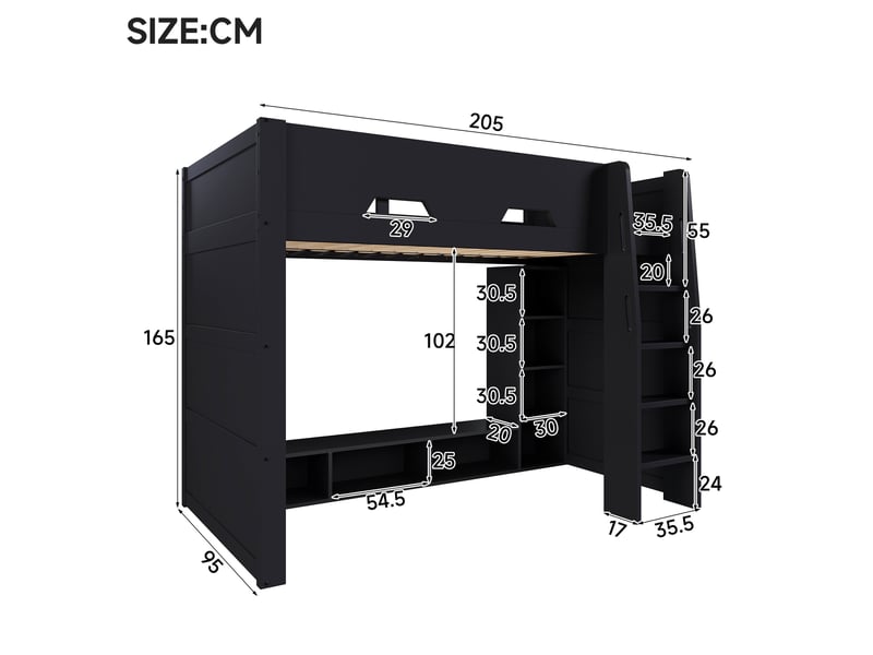  Lit mezzanine, 90x200 cm, avec plusieurs espaces de rangement et éclairage led, cadre en bois, noir  - Conforama C