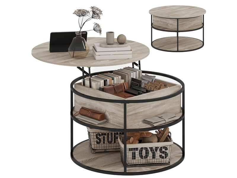  Table basse ronde avec plateau relevable rangements coloris chêne ø 80 x 47-61,5 cm  - Conforama A