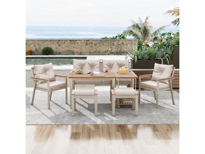  Salon de jardin en bois d’acacia 6-7 places avec table, fauteuils et desserte amovible, housses lavables – ensemble repas extérieur  - Conforama C