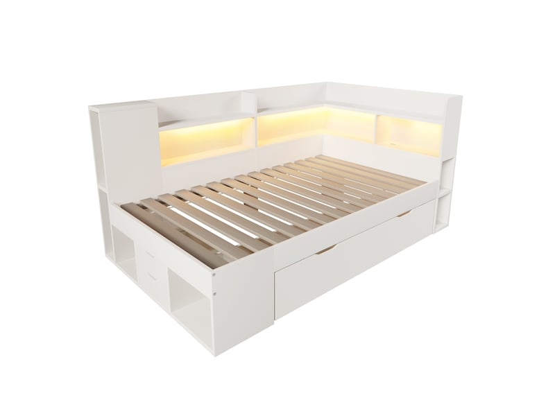  Canape lit 90x200 cm avec éclairage led et station de recharge usb et type-c, blanc, lit simple avec étagères et tiroirs  - Conforama B