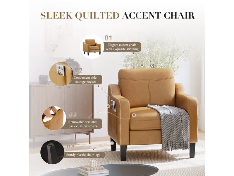 Fauteuil d’appoint moderne en pu style mid-century avec rangement latéral – confort ergonomique pour salon et bureau,jaune brun - Conforama B
