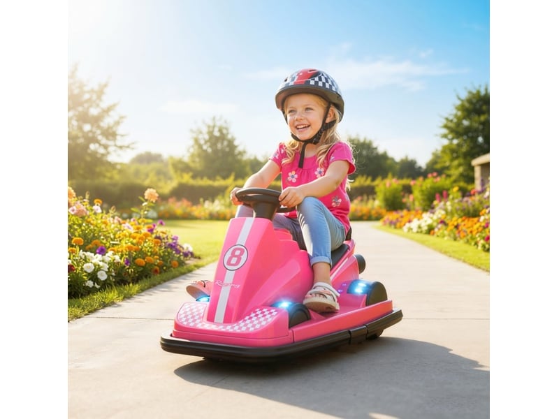  Auto-tamponneuse pour enfants 74x53x48 cm 360°, volant, led, musique, métal, rose  - Conforama B