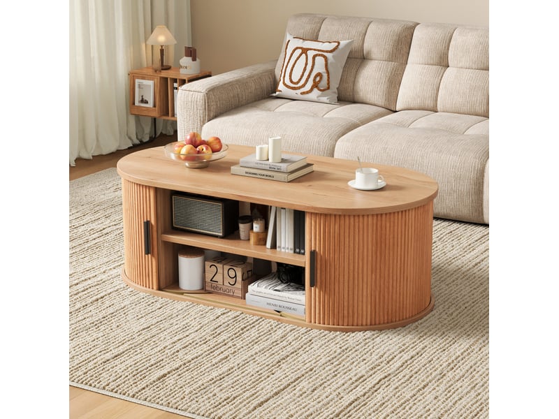 Table basse ovale 100x50x33 cm avec rangement modulable, finition bois naturel - Conforama C